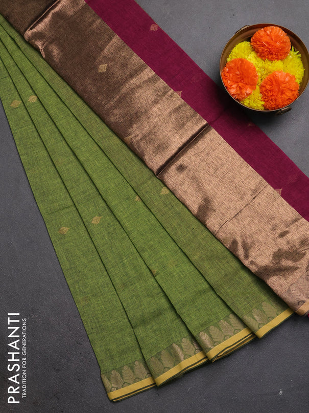 Bengal soft cotton saree light green and magenta pink with allover thread woven buttas and thread & zari woven border