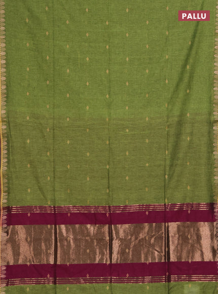 Bengal soft cotton saree light green and magenta pink with allover thread woven buttas and thread & zari woven border