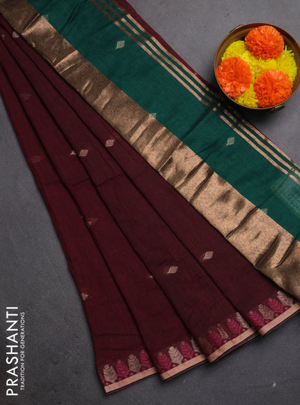 Bengal soft cotton saree wine shade and green with allover thread woven buttas and thread & zari woven border