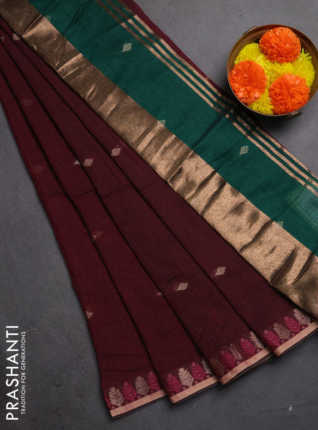 Bengal soft cotton saree wine shade and green with allover thread woven buttas and thread & zari woven border