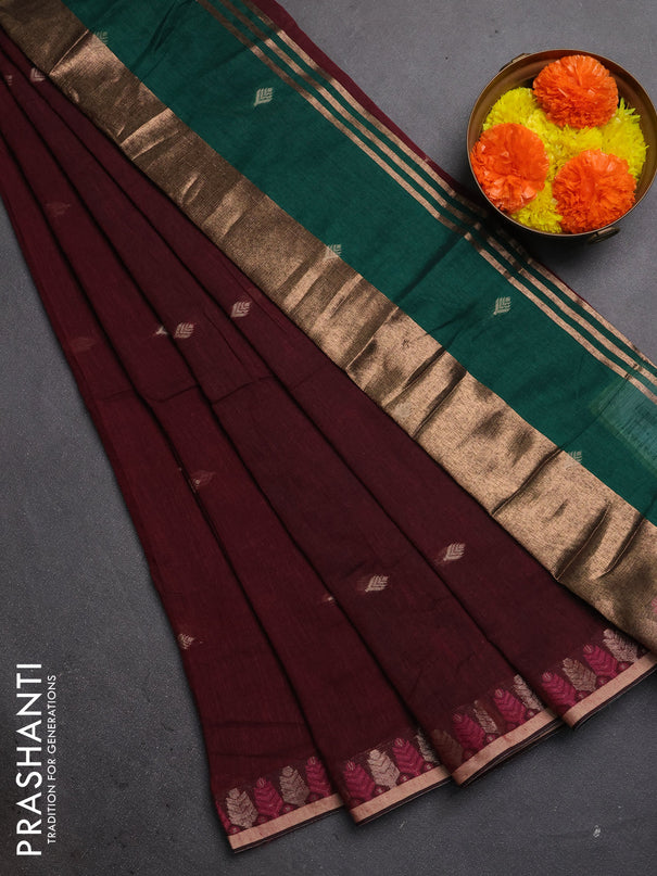 Bengal soft cotton saree wine shade and green with allover thread woven buttas and thread & zari woven border