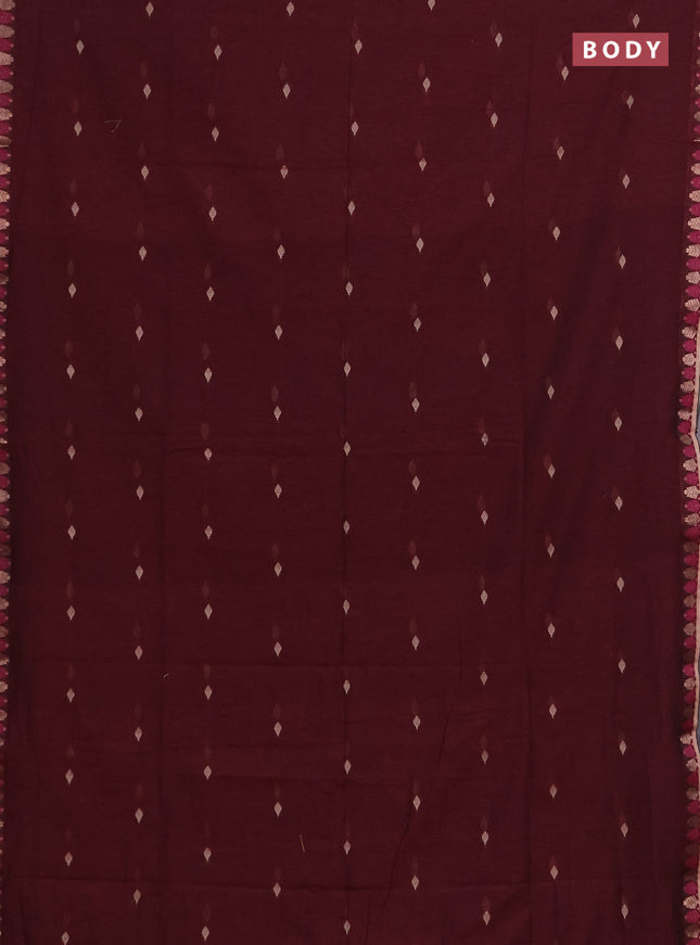 Bengal soft cotton saree wine shade and green with allover thread woven buttas and thread & zari woven border
