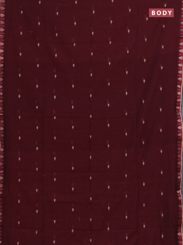 Bengal soft cotton saree wine shade and green with allover thread woven buttas and thread & zari woven border