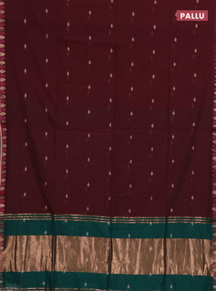 Bengal soft cotton saree wine shade and green with allover thread woven buttas and thread & zari woven border
