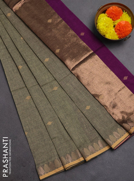 Bengal soft cotton saree chikku shade and purple with allover thread woven buttas and thread & zari woven border