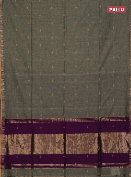 Bengal soft cotton saree chikku shade and purple with allover thread woven buttas and thread & zari woven border