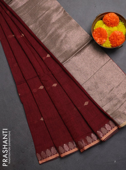 Bengal soft cotton saree maroon with allover thread woven buttas and thread & zari woven border