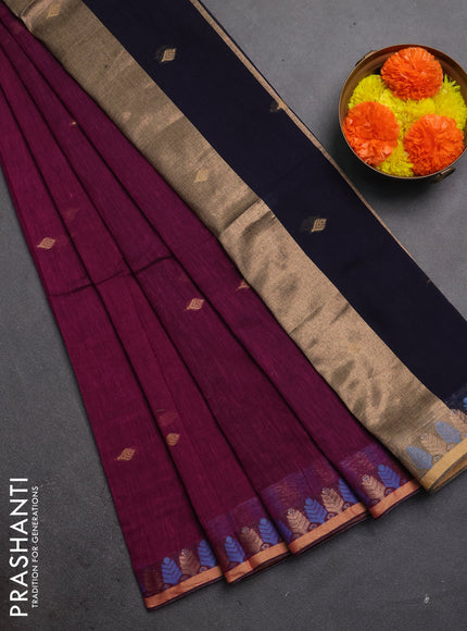 Bengal soft cotton saree magenta pink and black with allover thread woven buttas and thread & zari woven border