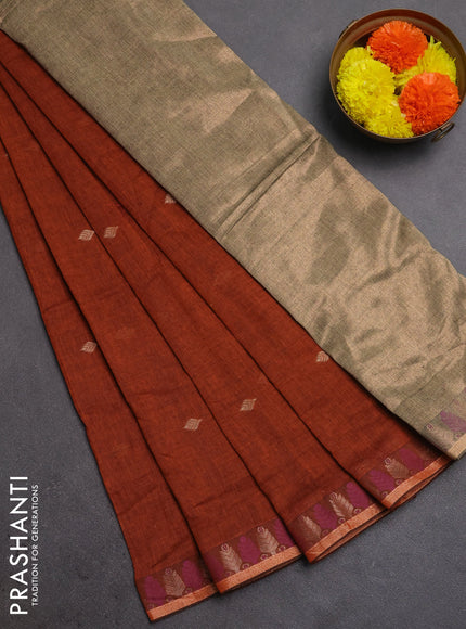 Bengal soft cotton saree orange with allover thread woven buttas and thread & zari woven border