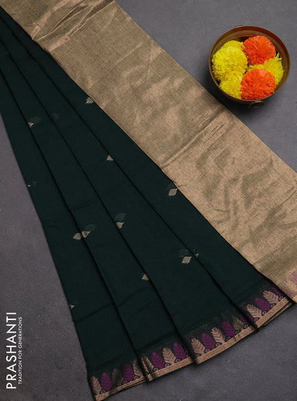 Bengal soft cotton saree bottle green with allover thread woven buttas and thread & zari woven border