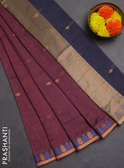 Bengal soft cotton saree mauve pink and grey with allover thread woven buttas and thread & zari woven border