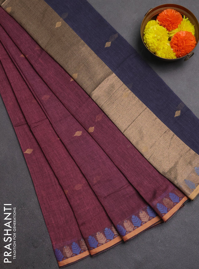 Bengal soft cotton saree mauve pink and grey with allover thread woven buttas and thread & zari woven border