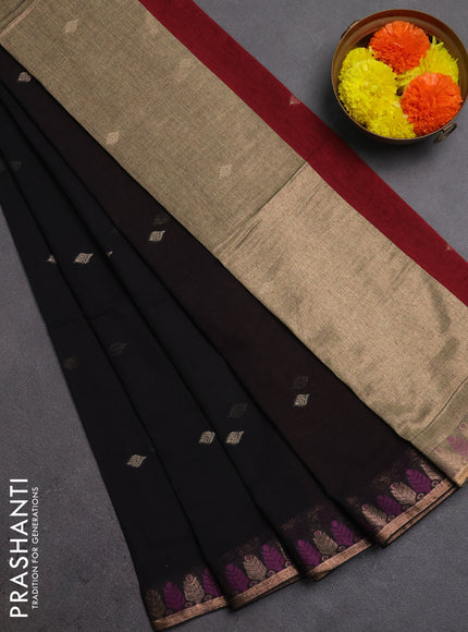 Bengal soft cotton saree black and maroon with allover thread woven buttas and thread & zari woven border