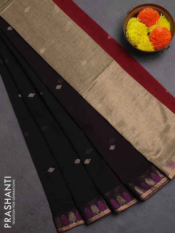 Bengal soft cotton saree black and maroon with allover thread woven buttas and thread & zari woven border