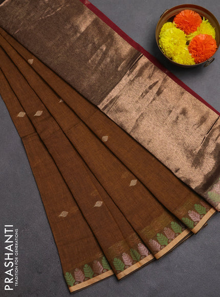 Bengal soft cotton saree dark mustard and maroon with allover thread woven buttas and thread & zari woven border
