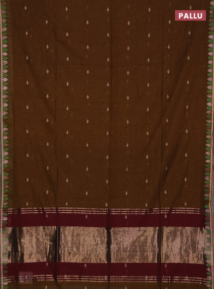Bengal soft cotton saree dark mustard and maroon with allover thread woven buttas and thread & zari woven border