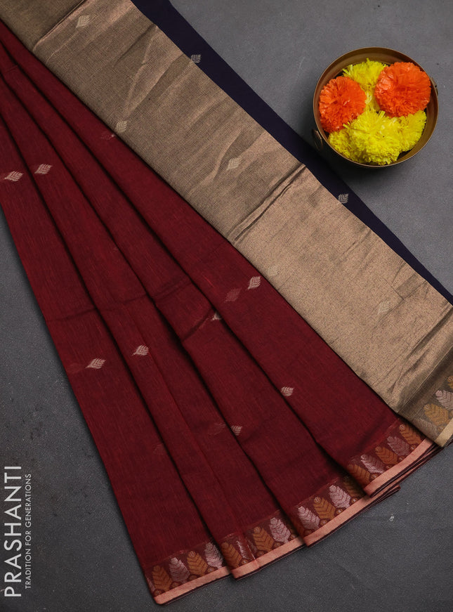 Bengal soft cotton saree maroon and navy blue with allover thread woven buttas and thread & zari woven border