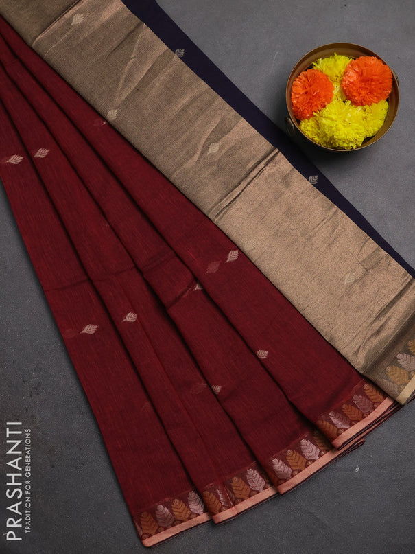 Bengal soft cotton saree maroon and navy blue with allover thread woven buttas and thread & zari woven border