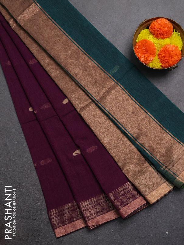 Bengal soft cotton saree deep purple and peacock green with allover thread woven buttas and zari woven border