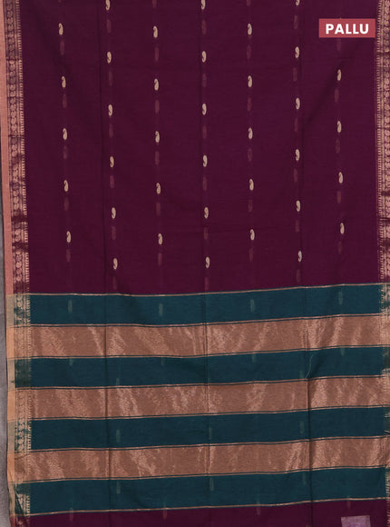 Bengal soft cotton saree deep purple and peacock green with allover thread woven buttas and zari woven border