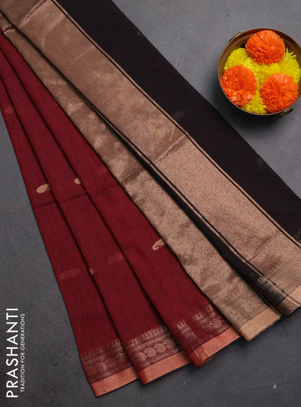 Bengal soft cotton saree deep maroon and black with allover thread woven buttas and zari woven border