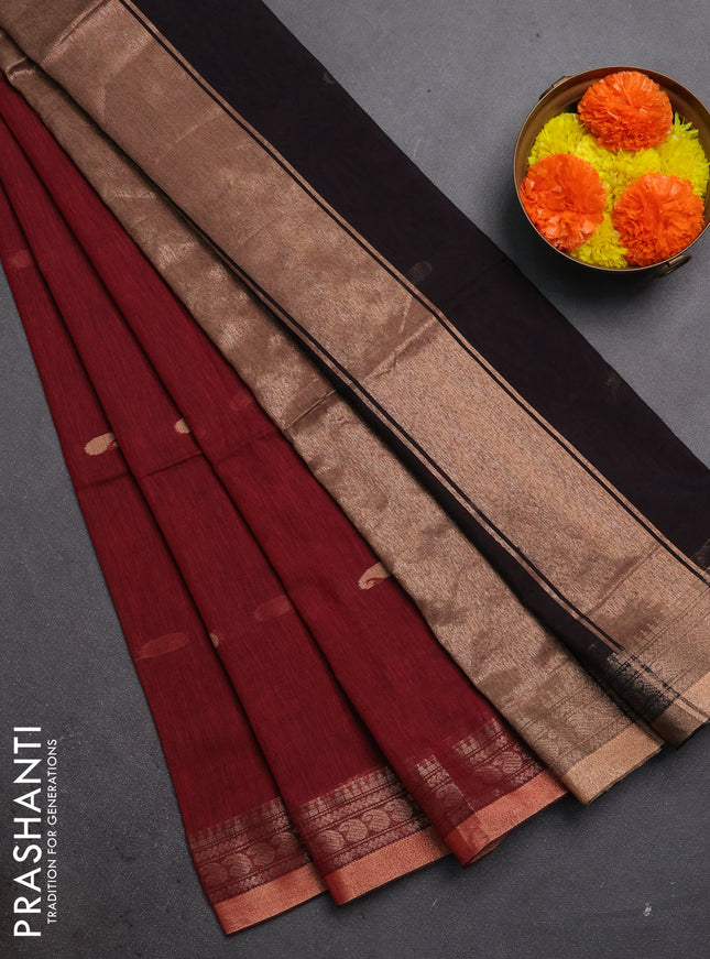 Bengal soft cotton saree deep maroon and black with allover thread woven buttas and zari woven border