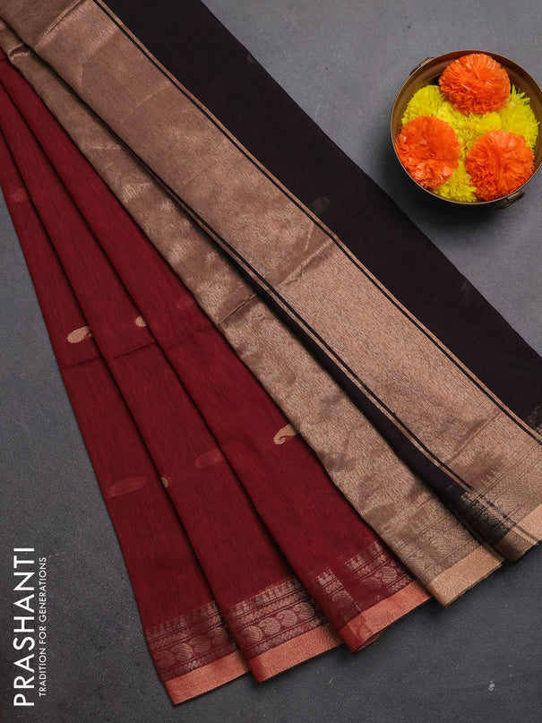 Bengal soft cotton saree deep maroon and black with allover thread woven buttas and zari woven border