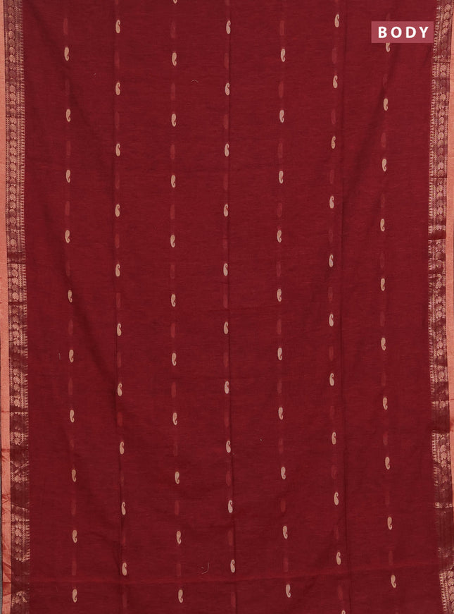Bengal soft cotton saree deep maroon and black with allover thread woven buttas and zari woven border