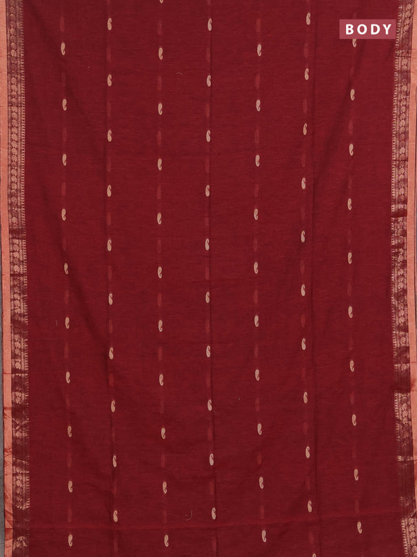 Bengal soft cotton saree deep maroon and black with allover thread woven buttas and zari woven border