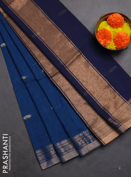 Bengal soft cotton saree cs blue and navy blue with allover thread woven buttas and zari woven border