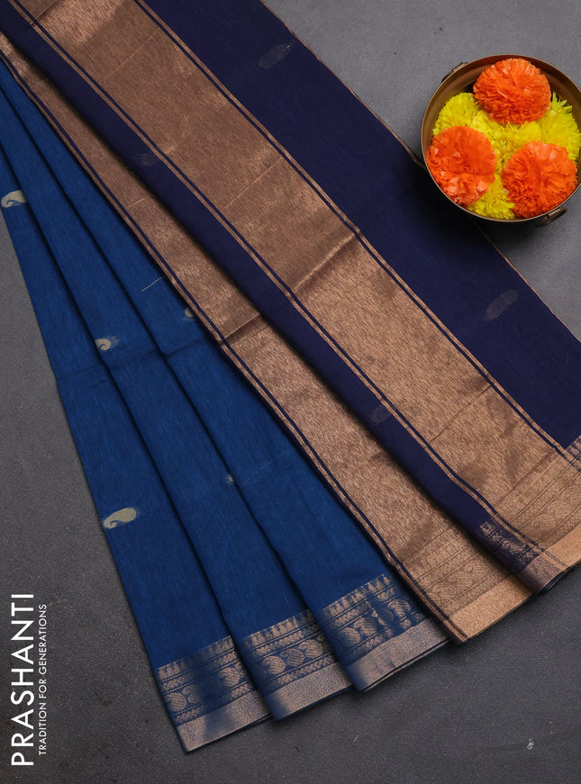 Bengal soft cotton saree cs blue and navy blue with allover thread woven buttas and zari woven border