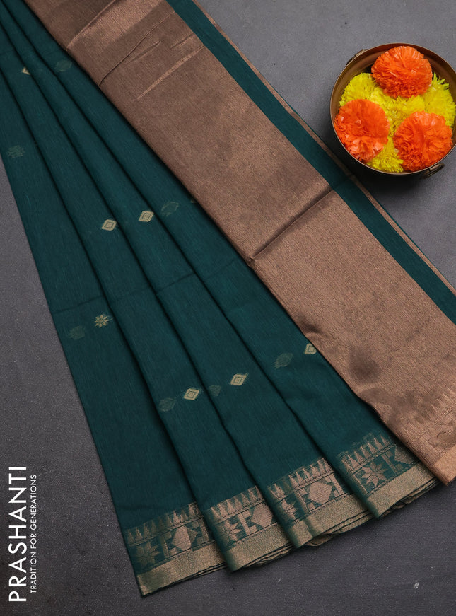 Bengal soft cotton saree peacock green with allover thread woven buttas and zari woven border