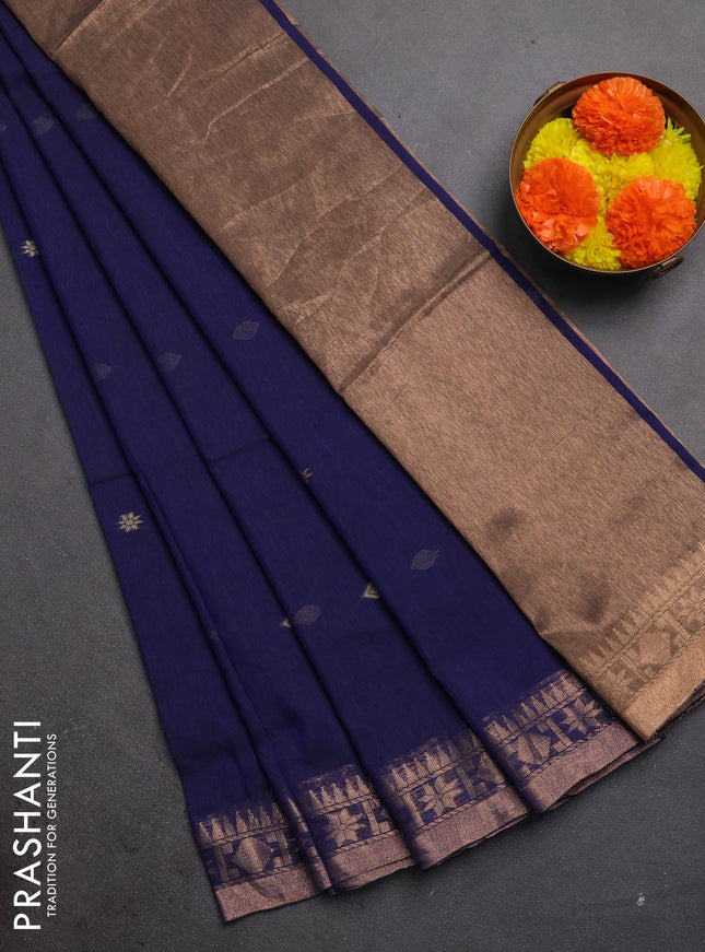 Bengal soft cotton saree navy blue with allover thread woven buttas and zari woven border
