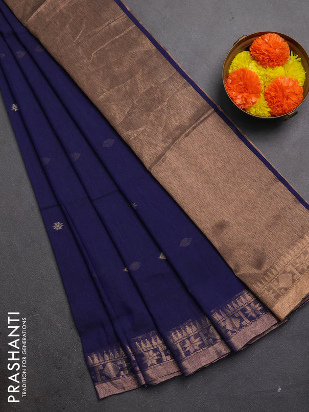 Bengal soft cotton saree navy blue with allover thread woven buttas and zari woven border
