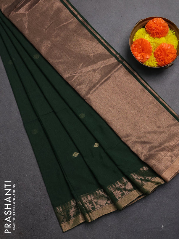 Bengal soft cotton saree bottle green with allover thread woven buttas and zari woven border