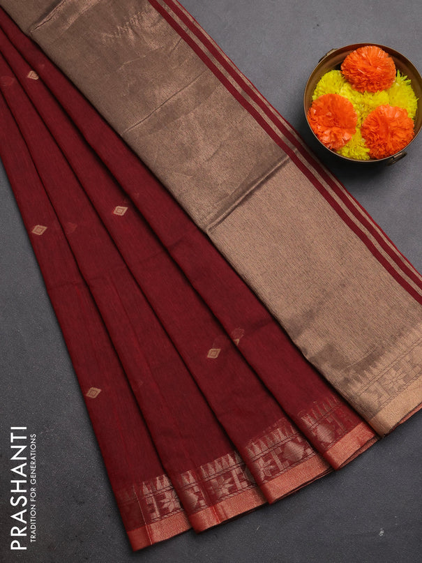 Bengal soft cotton saree maroon with allover thread woven buttas and zari woven border