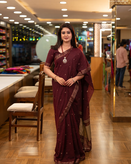 Bengal soft cotton saree deep maroon with allover thread woven buttas and zari woven border
