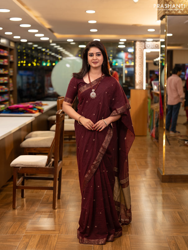 Bengal soft cotton saree deep maroon with allover thread woven buttas and zari woven border