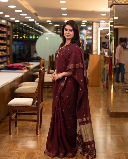 Bengal soft cotton saree deep maroon with allover thread woven buttas and zari woven border