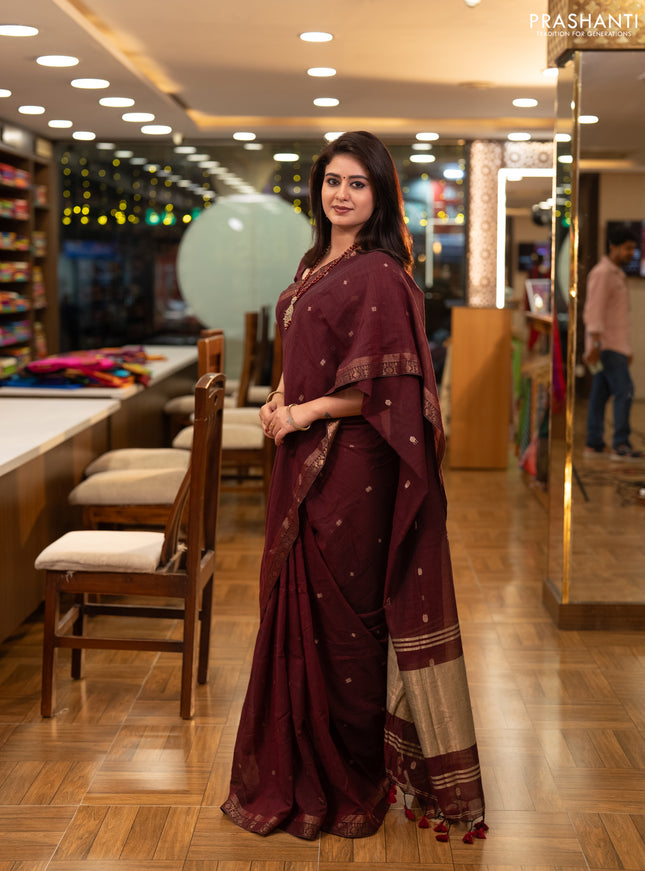 Bengal soft cotton saree deep maroon with allover thread woven buttas and zari woven border
