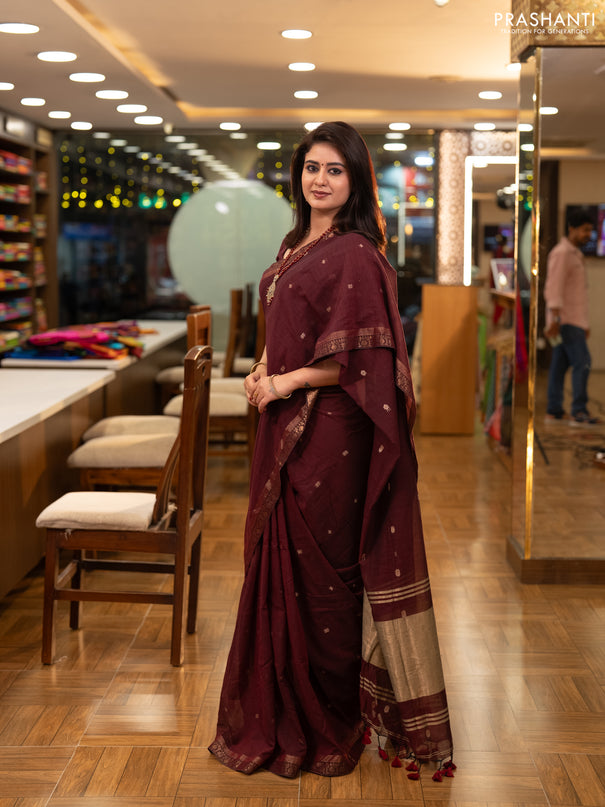 Bengal soft cotton saree deep maroon with allover thread woven buttas and zari woven border