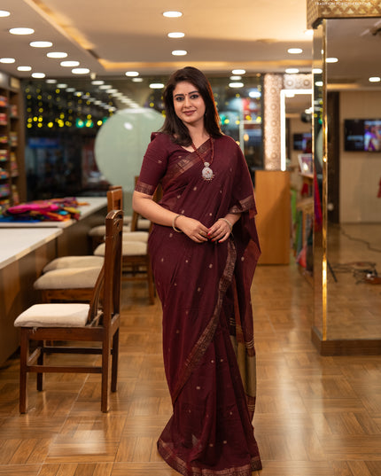 Bengal soft cotton saree deep maroon with allover thread woven buttas and zari woven border