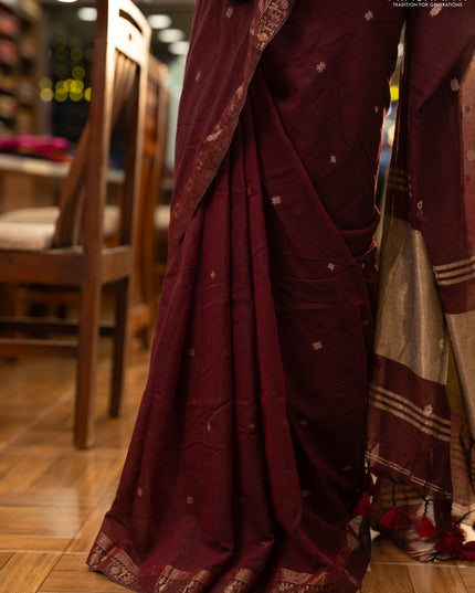 Bengal soft cotton saree deep maroon with allover thread woven buttas and zari woven border