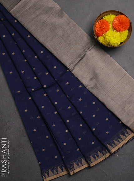 Bengal soft cotton saree navy blue with allover thread woven buttas and thread & zari woven border