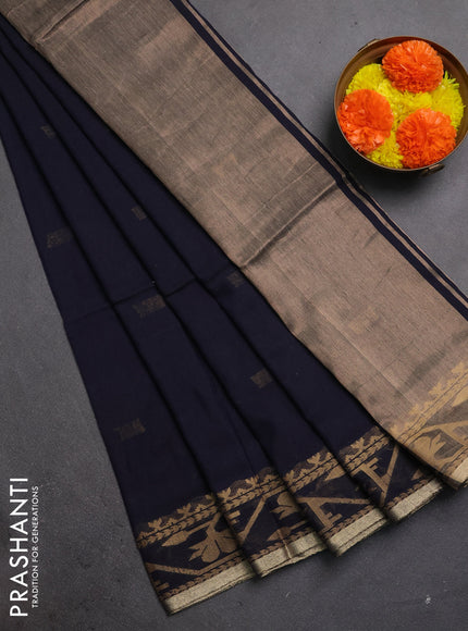 Bengal soft cotton saree navy blue with allover thread woven buttas and thread & zari woven border