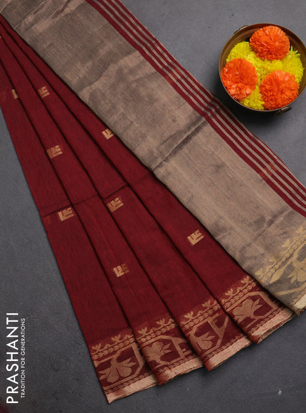 Bengal soft cotton saree maroon with allover thread woven buttas and thread & zari woven border