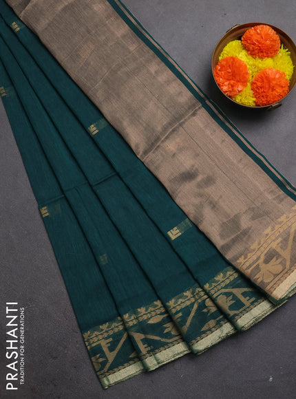 Bengal soft cotton saree peacock green with allover thread woven buttas and thread & zari woven border