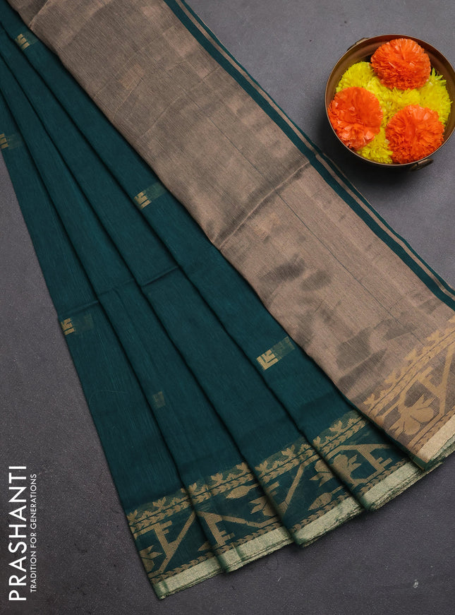 Bengal soft cotton saree peacock green with allover thread woven buttas and thread & zari woven border