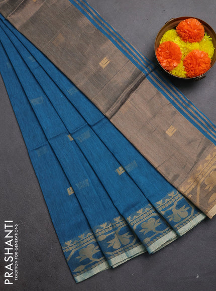 Bengal soft cotton saree cs blue with allover thread woven buttas and thread & zari woven border