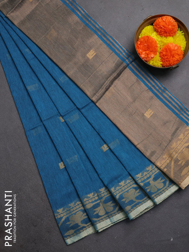 Bengal soft cotton saree cs blue with allover thread woven buttas and thread & zari woven border